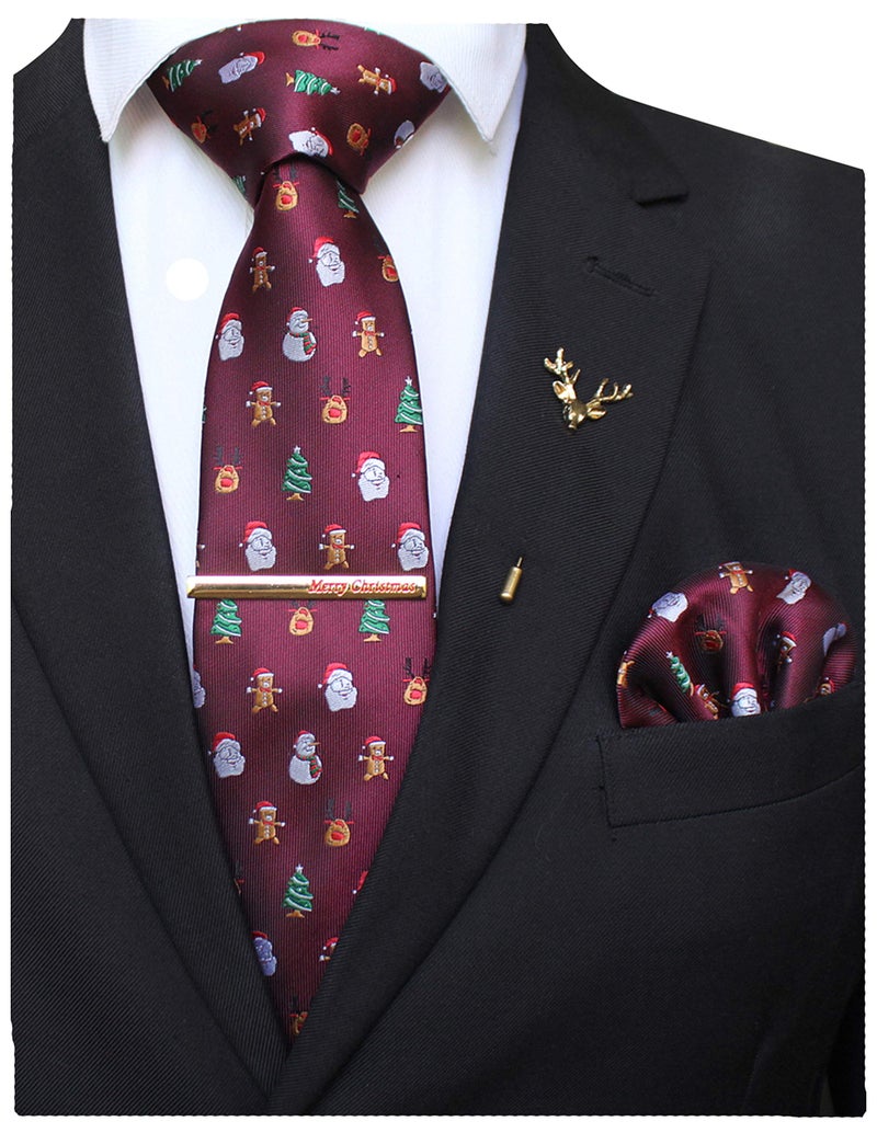 JEMYGINS Festival Silk Necktie Burgundy Santa Claus Snowman Christmas Tie and Pocket Square with Tie Clip and lapel pin Set(2) - Image 1